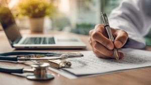 Stéthoscope et dossiers administratifs posés sur un bureau, main tenant un stylo